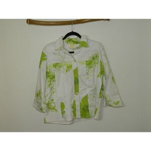 Lilly of California Blouse Jacket Large Womens White Green‎ Button Fringe Beaded